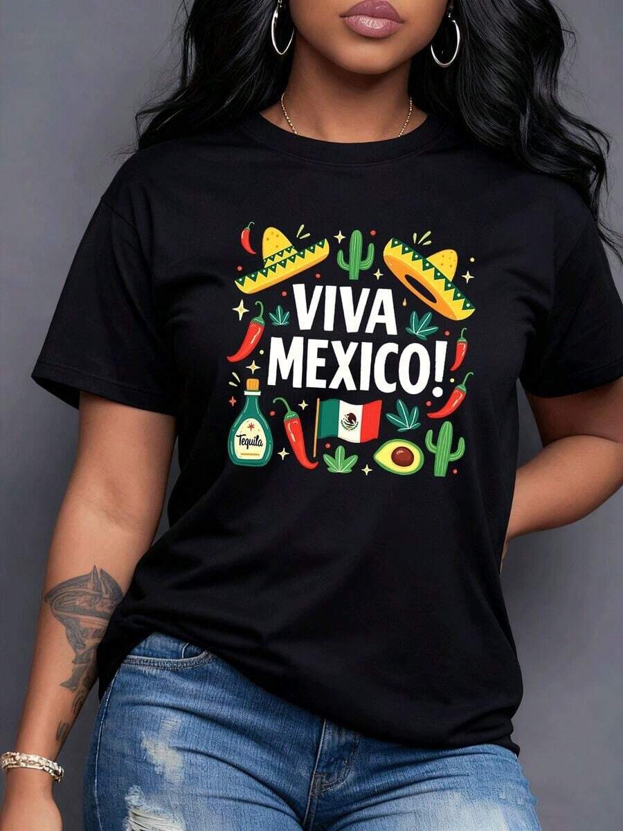 VIVA MEXICO estampado festivo con sombreros chiles cactus tequila aguacate bandera mexicana colores vibrantes alegría cultural auténtico ideal para amantes de México Camiseta de mujer 100% algodón,Manga corta casual. - Negro - Ver 1