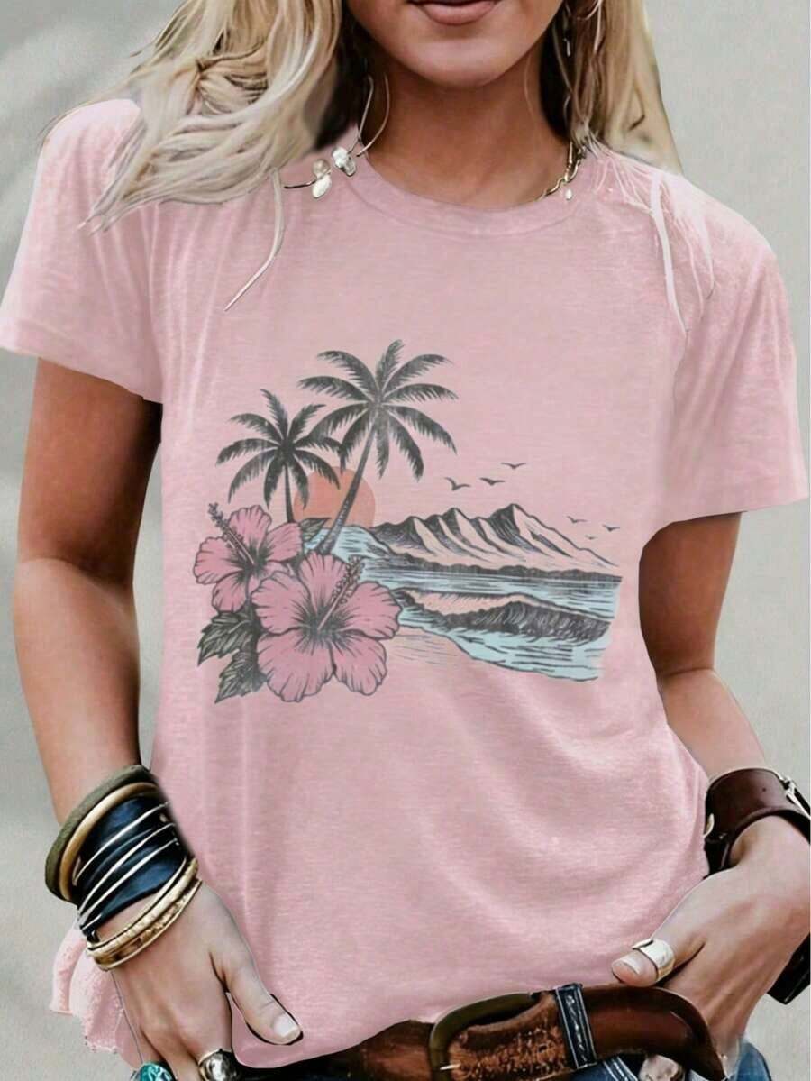 Camiseta de mezcla para mujer con estampado de puesta de sol tropical y flores de hibisco - Adecuada para vacaciones, estilo casual de playa en verano, camiseta de mezcla con diseño gráfico a la moda. - Rosa - Ver 1