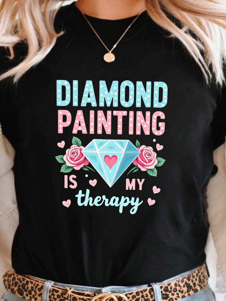 Women's T-Shirts, Women's T-Shirts, T-Shirt With The Design "Diamond Painting Is To Relieve Stress" - Short Sleeve, Round Neck, Casual Top, Diamond Painting Pattern Design, Suitable For Spring And Summer, Medium Elasticity, Exclusive Outfit For Diamond Painting Enthusiasts. - 1件黑色隨機圖案 - 查看 1