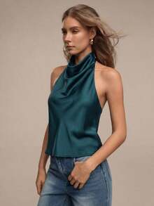Blusa de mujer de nuevo verano de unicolor y sexy con espalda descubierta y hombros descubiertos, adecuada para citas y fiestas - Verde Oscuro - Ver 6