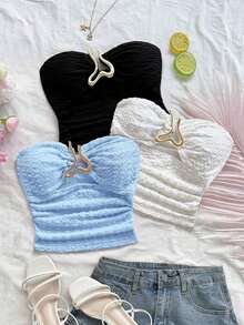 3 piezas Parte superior de camisola acortada con textura de punto para mujer con decoración de hebilla metálica con forma de corazón hueco, ajuste ceñido, adecuado para Navidad, cita nocturna, discoteca, playa, crucero, té de la tarde, estilo bohem - Multicolor - Ver 3