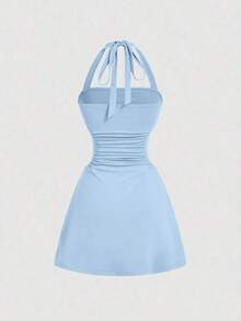 Vestido mini de mujer con cuello de halter y cintura ceñida en forma de A, vestidos de verano para mujer - Celeste - Ver 2
