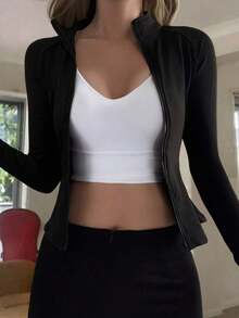 Chaqueta ajustada con cremallera, adecuada para primavera y verano - Negro - Ver 10