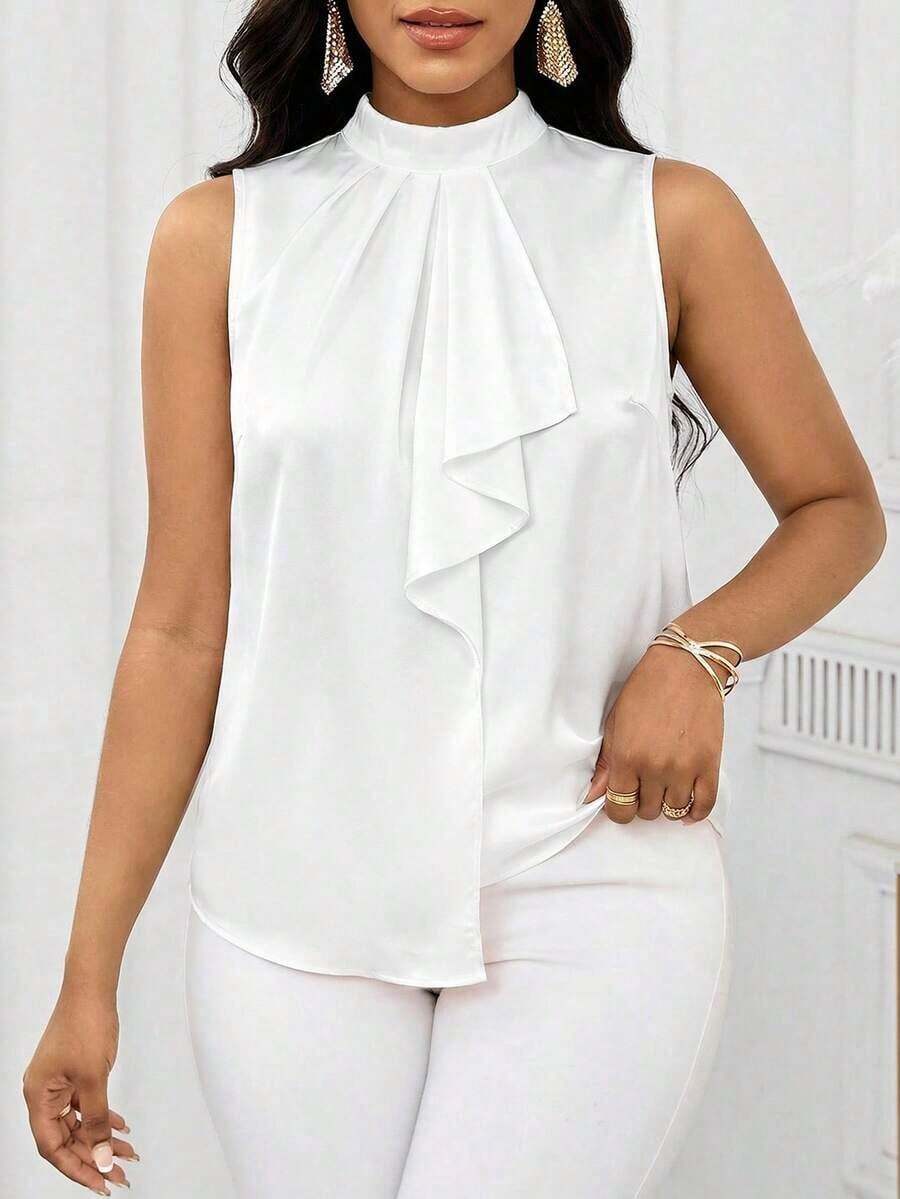 Lady Blusa sin mangas con estampado floral elegante y volante en el bajo, para verano - Blanco - Ver 1