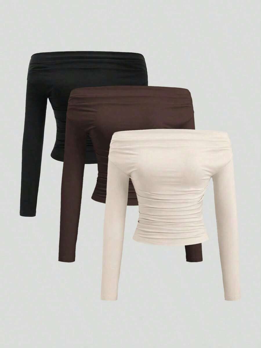 de 3 piezas Blusa corta de manga larga y hombros descubiertos para mujer, cómoda y amigable con la piel, ajuste ceñido - Multicolor 15 - Ver 1