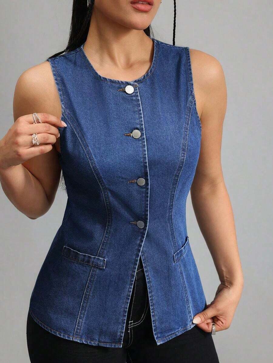 Tall Blusa vaquera azul de corte holgado para mujer, ideal para el verano y el otoño - Azul lavado medio - Ver 1