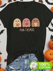 Camiseta de manga corta con cuello redondo y estampado para mujer. Perfecto para citas, desplazamientos diarios y salidas informales. Diseño clásico minimalista de cuello redondo, fácil de combinar y adecuado para todas las formas de cuerpo. - Negro - Ver 7