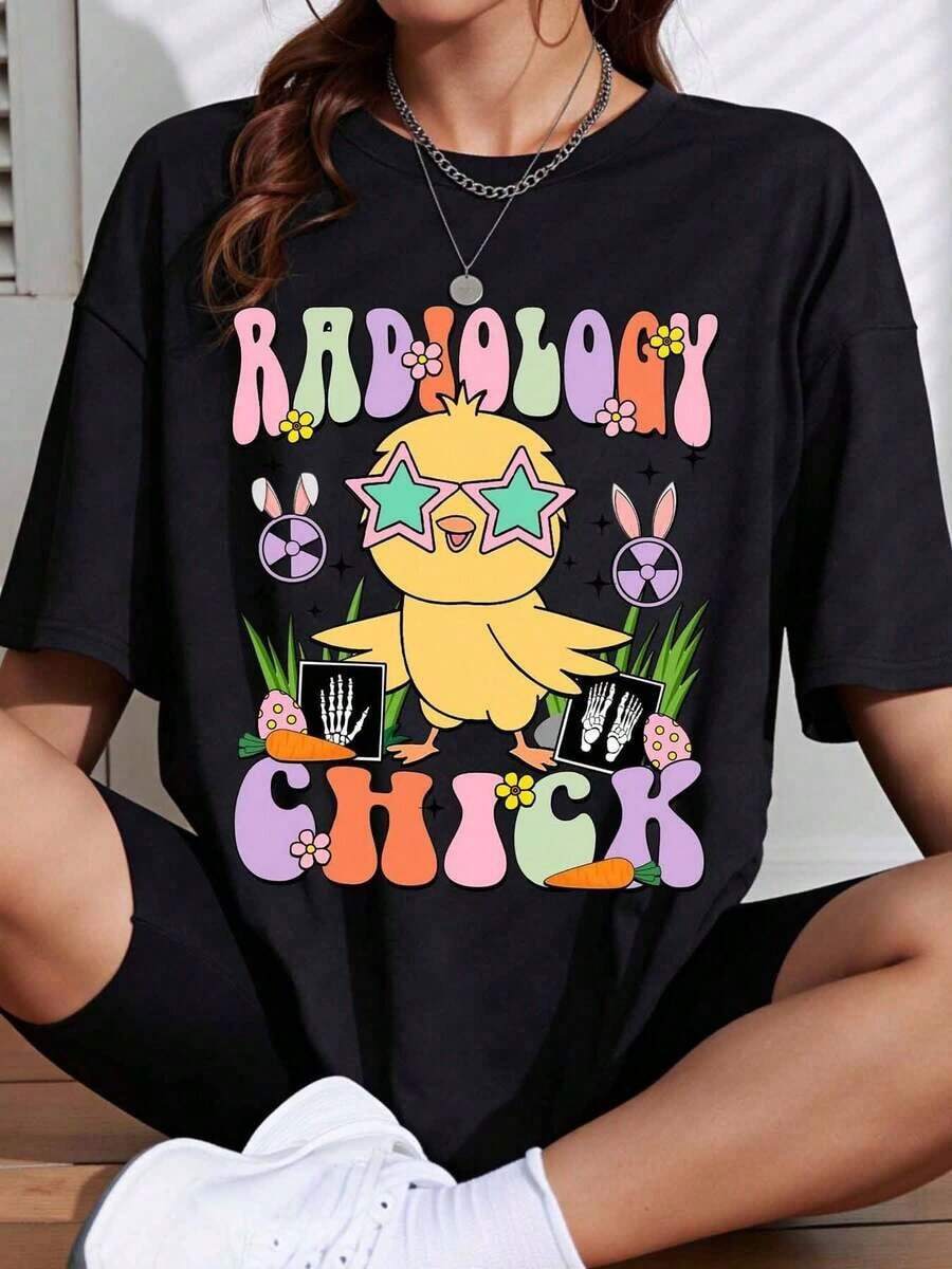 1 Piece Women's Radiology T-Shirt With Colorful Duckling Print, X-Rays, And Easter Elements, Spring/Summer Casual Wear, Fashion, 180g 100% Cotton - 黑色 - 查看 1