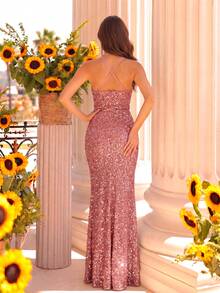 UNITHORSE Women's Solid Color Side Slit Hem Sequin Valentine's Day Spaghetti Strap Evening Dress, Elegant Formal For Dinner, Ball, Wedding Guest - Dusty Pink - View 3