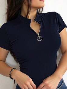 Camiseta casual de mujer de manga corta con cuello mao y unicolor, para verano - Azul marino - Ver 6