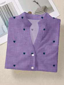Camisa de mujer de manga larga con botones y bolsillos, con estampado romántico de corazones, adecuada para otoño, invierno y primavera - Morado - Ver 5