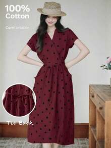 Vestido casual elegante y vintage con estampado de lunares, con bolsillos y lazo en la espalda, silueta minimalista pero refinada de corte evasé con cintura anudada, vestido versátil para oficina/ocasión, conjunto bohemio de lunares para vacaciones, primavera/verano rojo - Burdeos - Ver 5