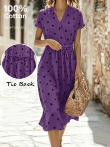 Vestido casual elegante y vintage con estampado de lunares, con bolsillos y lazo en la espalda, silueta minimalista pero refinada de corte evasé con cintura anudada, vestido versátil para oficina/ocasión, conjunto bohemio de lunares para vacaciones, primavera/verano rojo - Morado - Ver 3