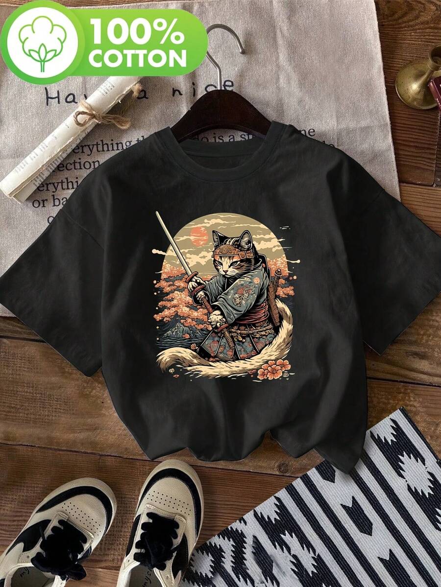 Camiseta de manga corta con cuello redondo y estampado de gato estilo anime japonés con diseño de flor de cerezo y cuchillo, estilo tradicional, ideal para verano y primavera, ropa de mujer - Negro - Ver 1
