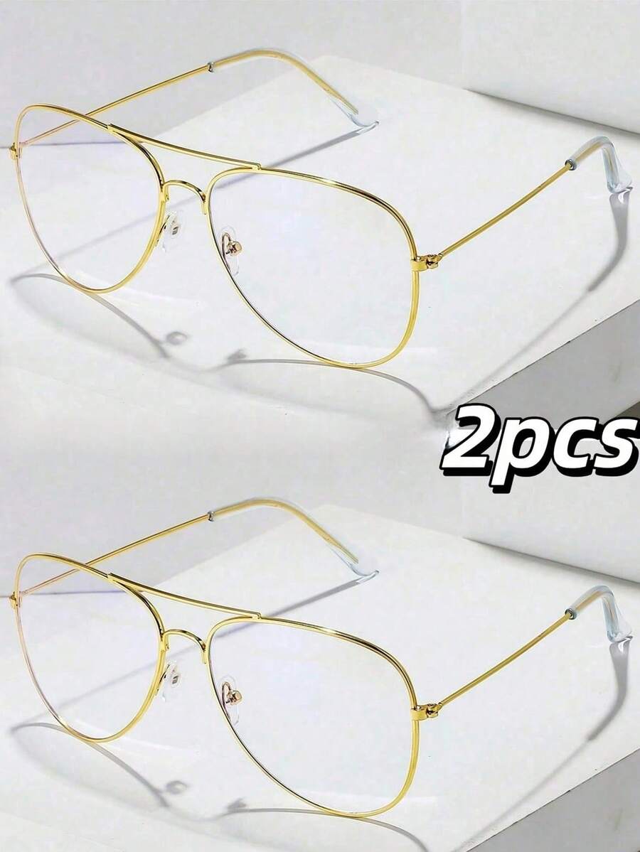 2pcs Classic Pilot Clear Lens Metal Double Bridge Copper Vintage Glasses, Unisex UV Protection Eyewear For All Seasons - 2 Sets Of Gold-framed/plano Lenses - View 1