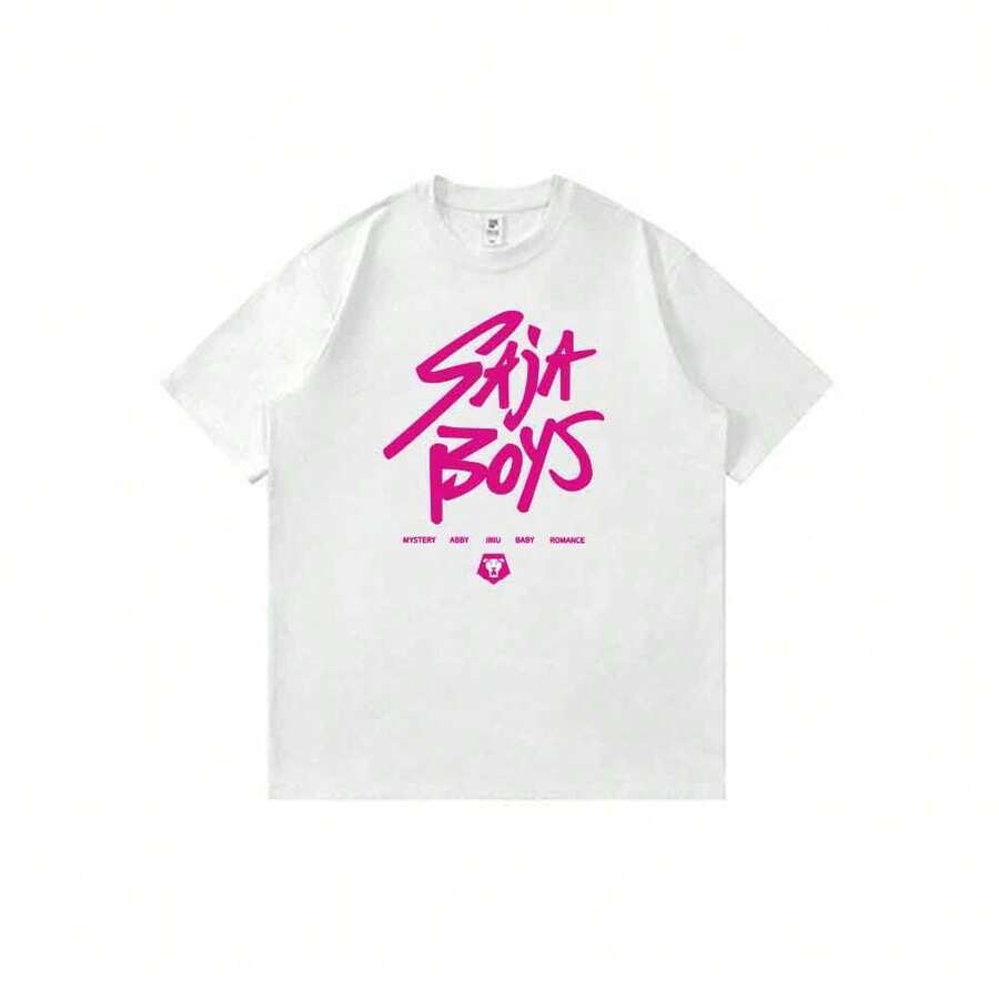 Camiseta unisex estilo urbano informal de verano con estampado de dibujos animados de anime y logo de grupo K-pop Shifts Boys. - Blanco - Ver 1