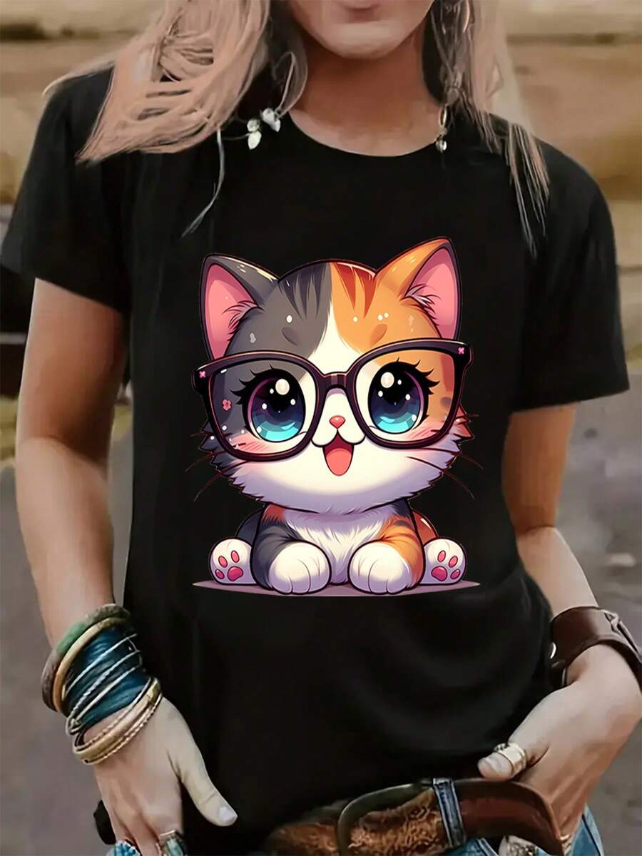 Camiseta Casual de Manga Corta para Mujer con Estampado de Gato Lindo Usando Gafas - Cuello Redondo Transpirable, Cómoda para Primavera y Verano, Ropa Deportiva Lavable a Máquina, Diseño Divertido, Material No Transparente - Negro - Ver 1