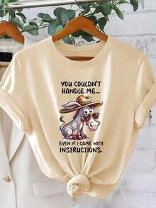 1 Piece Of Women's Botanical Print Cotton T-Shirt, Cool, Breathable, Casual Natural Style, Round Neck, One-Piece, With Fun Letter And Animal Print, Stylish, With "You Can't Control Me" And "Animal Donkey" Prints, For Spring, Summer, Sports, Vacation, Short Sleeve, Casual Holiday Style, Loose And Slimming Retro Fashion, Versatile, Short Sleeve T-Shirt For Women, Ideal For Everyday Wear On Summer Vacation. Suitable For Spring, Summer And Autumn. - 杏色 - 查看 6