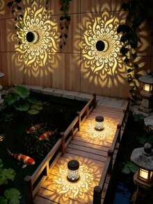 4pcs Round Solar Wall Lights, Mandala Pattern Projector Lights, Outdoor Garden Lights, Suitable For Walls, Fences, Gardens, Courtyards, Patios, Lawns, Home Decor, Holiday Decorations, Wedding Decorations, Birthday Decorations, And Party Decorations, - Solar-powered Round Wall Lamp - View 8