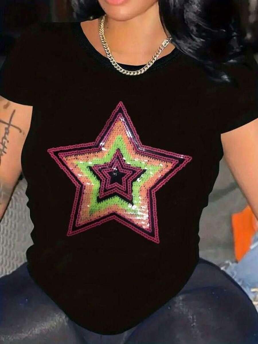 XINGX Women's Sequin And Star T-Shirt - Casual Short Sleeve Crew Neck Top, Loose Fit, Breathable For Spring Summer, Parties, Dates & Outdoor Activities, Stylish T-Shirt, Summer Fashion, Soft Texture, Blouse For Young Women - 黑色 - 查看 1