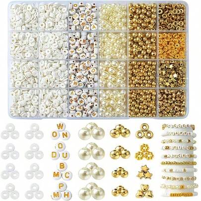 Approx. 1600pcs Soft Clay Beads, Letter Beads, Gold Spacer Beads Jewelry Making Kit Set, For DIY Bracelets, Necklaces, Earrings, Bag Charms, Keychains, Jewelry, Crafts, Gifts (Random Colors)