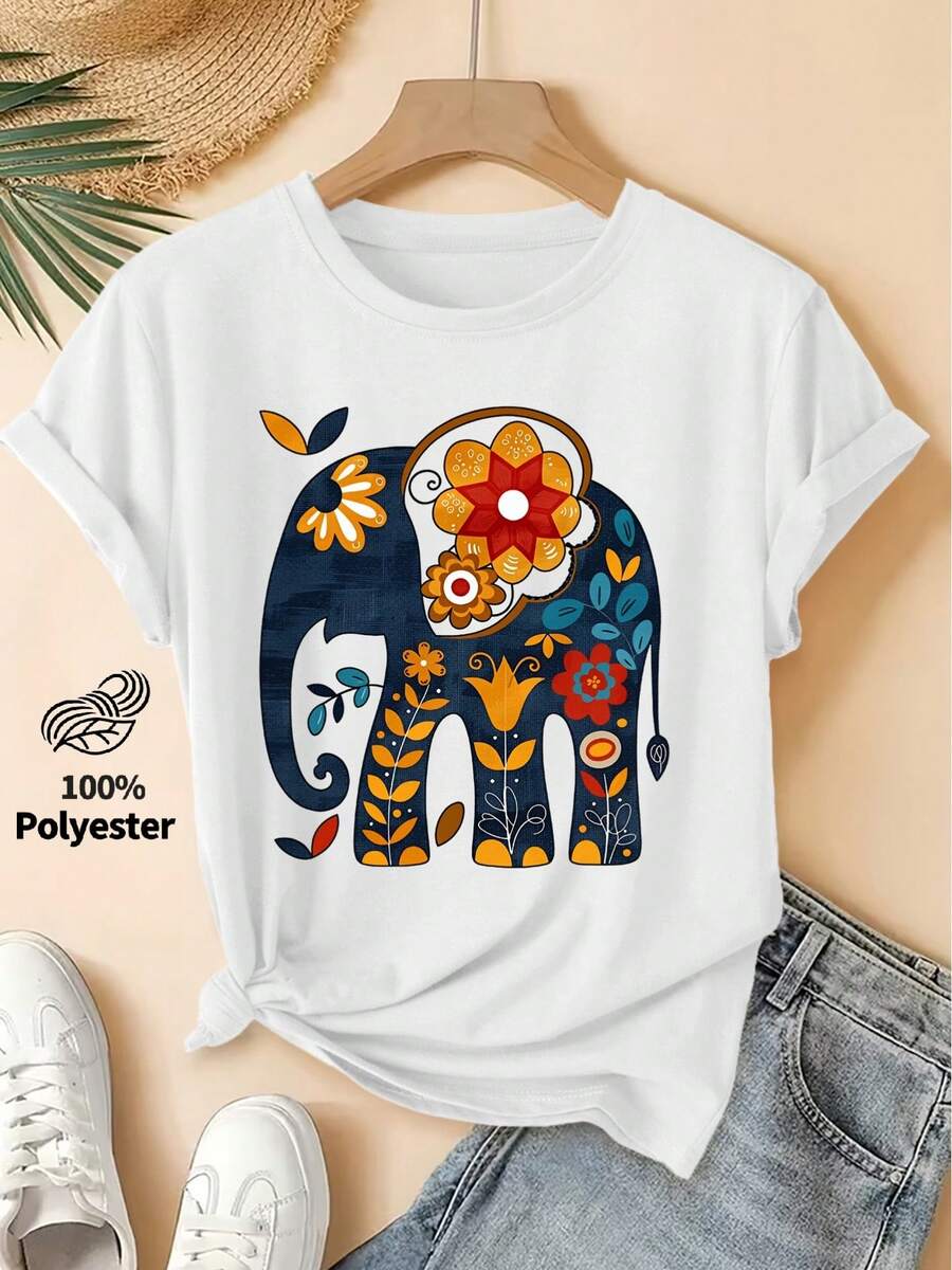 Spring/Summer 2026, New Women's Short Sleeve T-Shirt With Round Neck And Elephant And Flower Print, Vintage Distressed Style, High-Quality Casual Wear, 100% Pure Cotton. | Fun And Original Design | Suitable For Everyday Wear In Spring, Summer, And Autumn. | Fun And Rejuvenating Top - 白色 - 查看 1