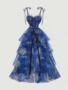 MOD Vestido largo con estampado de la pintura del Cielo Estrellado de Van Gogh en azul para mujeres, vestido de fiesta, conjunto de vestido de múltiples piezas, vestido floral para mujeres, vestidos elegantes para mujeres, vestido de tres usos, vestidos elegantes para fiestas, vestido de playa, vestidos de vacaciones para mujeres - Azul - Ver 10