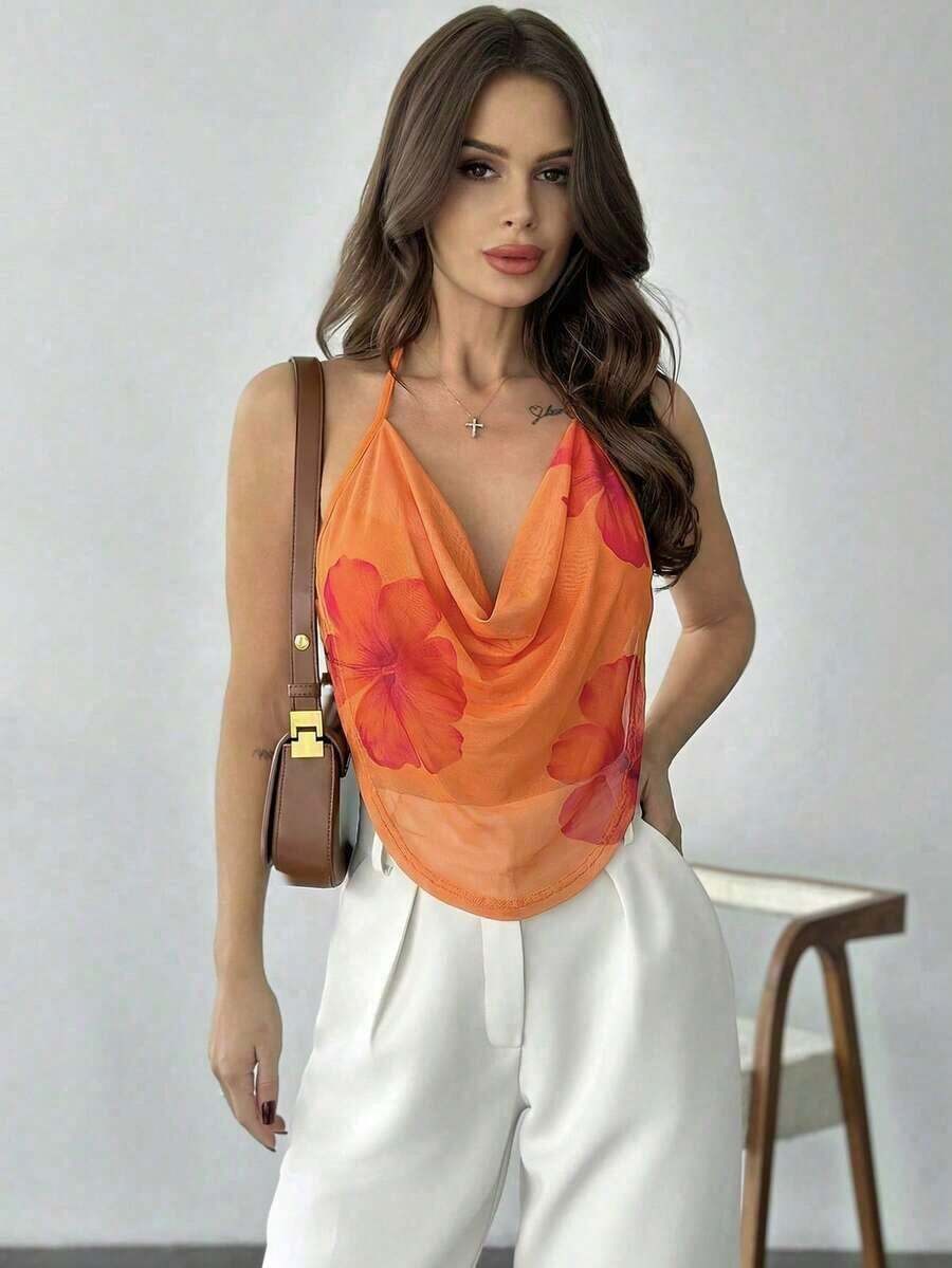 Camiseta ajustada con cuello en V profundo y estampado floral de malla elegante y sexy para mujer, ideal para el verano y las vacaciones - Naranja - Ver 1