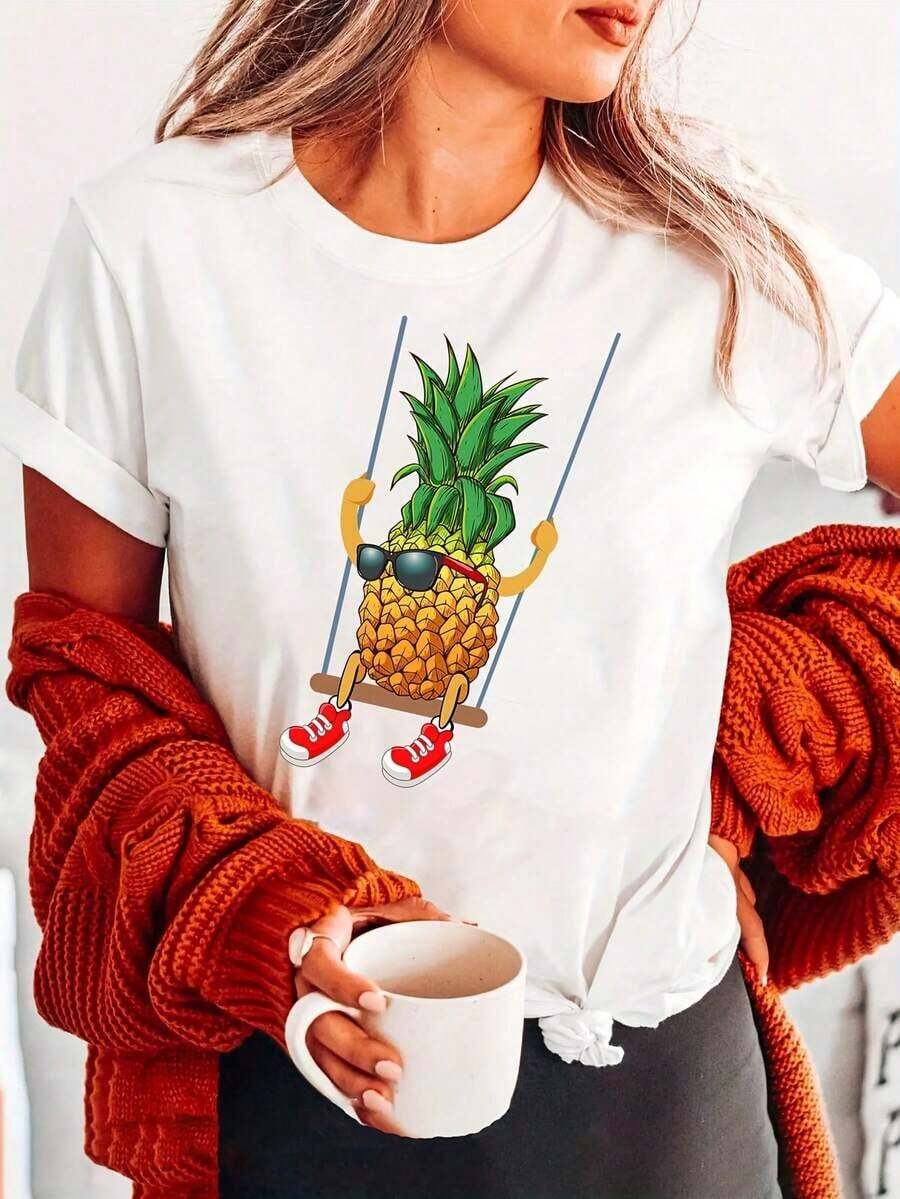 Women's 1-Piece Botanical Print Cotton Casual T-Shirt - Cool, Breathable, Natural Casual Style, Crew Neck, Short Sleeve, Black Cotton T-Shirt For Women - Fun Pineapple Print Casual Top, Crew Neck, Semi-Sheer Design For Spring And Summer, Machine Washable, Fruit Print Short Sleeve T-Shirt For Everyday Wear On Summer Vacation. 100% Durable Cotton - 白色 - 查看 1