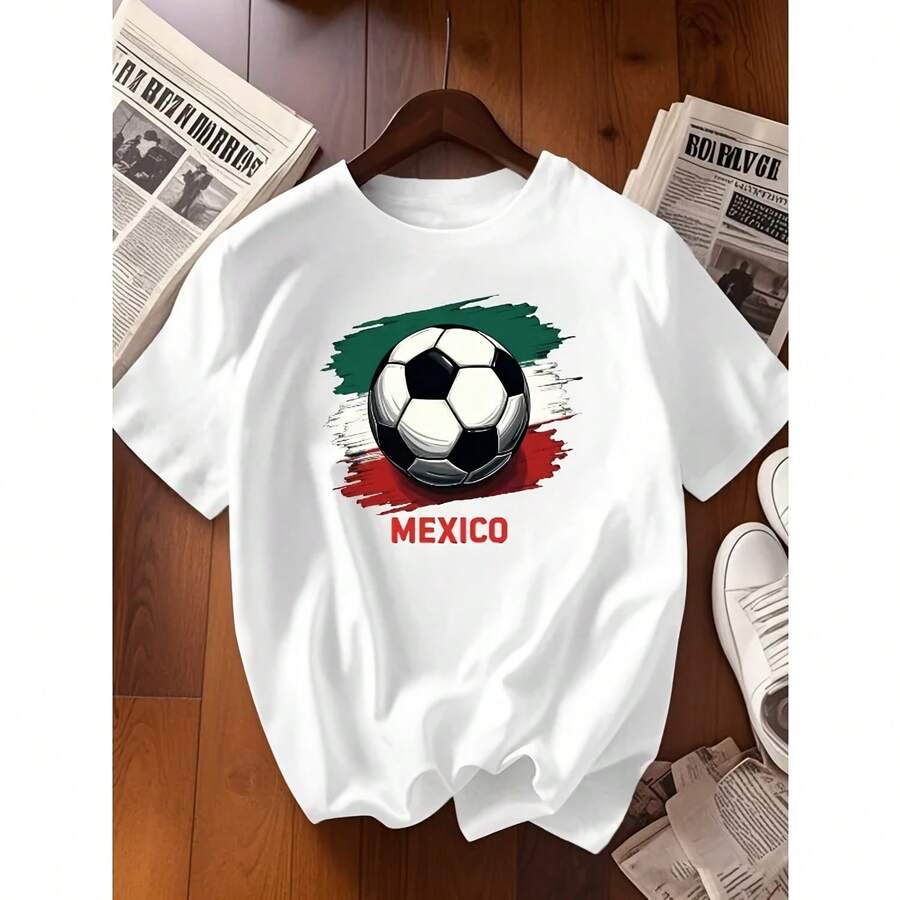 T-Shirt With Mexican Flag And Soccer Print, Round Neck, Casual, For Spring/Summer, Clothing For Watching Soccer Matches, Women's T-Shirt - 款式 - 查看 1