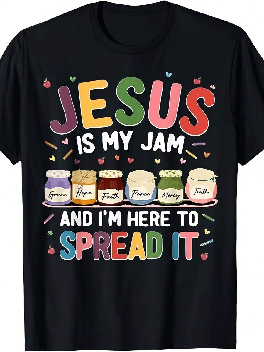 Jesus Is My Jam Im Here To Spread Christian Bible Unisex T-ShirtSame Style For Men And Women 2025 Summer Short-Sleeved Printed T-Shirt Pure 220G - 黑色 - 查看 1