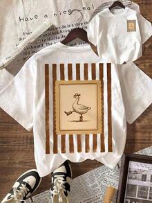 Playeras de mujer, camiseta de vacaciones para mujer, divertida camiseta de manga corta con estampado de ganso estilo vaquero del oeste, cuello redondo, informal, top de verano 100% algodón, talla grande, patrón divertido, camiseta retro, conjuntos de mujer. - Blanco - Ver 1
