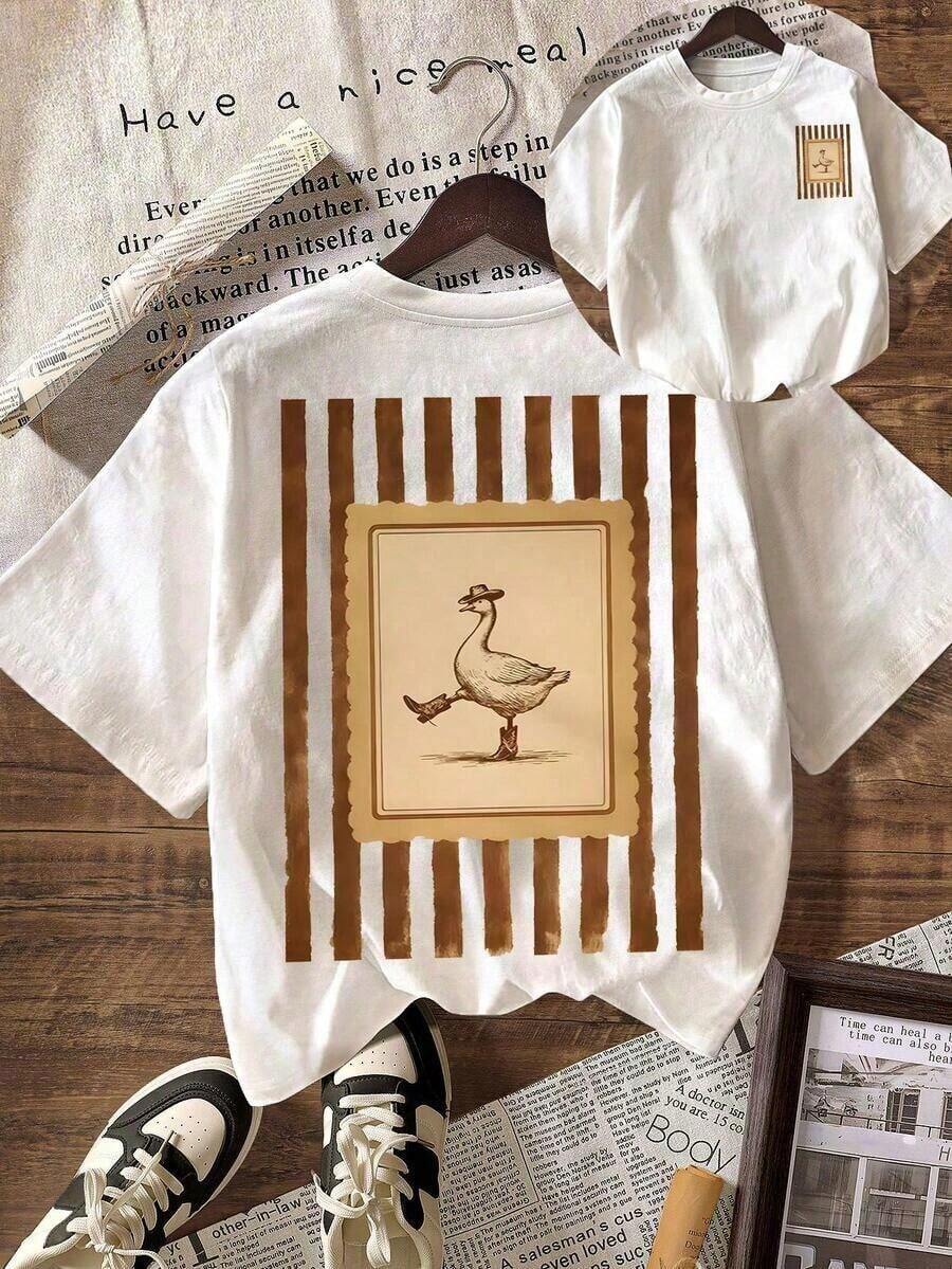 Playeras de mujer, camiseta de vacaciones para mujer, divertida camiseta de manga corta con estampado de ganso estilo vaquero del oeste, cuello redondo, informal, top de verano 100% algodón, talla grande, patrón divertido, camiseta retro, conjuntos de mujer. - Blanco - Ver 1