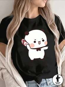 Lightweight And Durable Short-Sleeved T-Shirt With An Adorable Panda Design, Ideal For Casual Outings At Home, Cafes Or Outdoor Activities, Ensuring Comfort And Style For Everyday Wear. - 黑色 - 查看 1