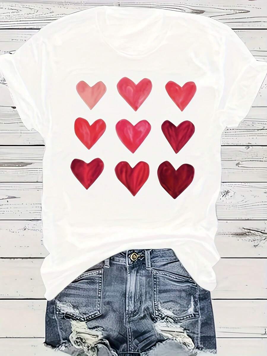 Mother's Day Gift: Crew Neck T-Shirt With Vibrant Heart Print - Soft Polyester, Medium Elasticity, Regular Length, Casual Short Sleeve Top For Spring And Summer, Women's Clothing With Random Print - trắng - Xem 1