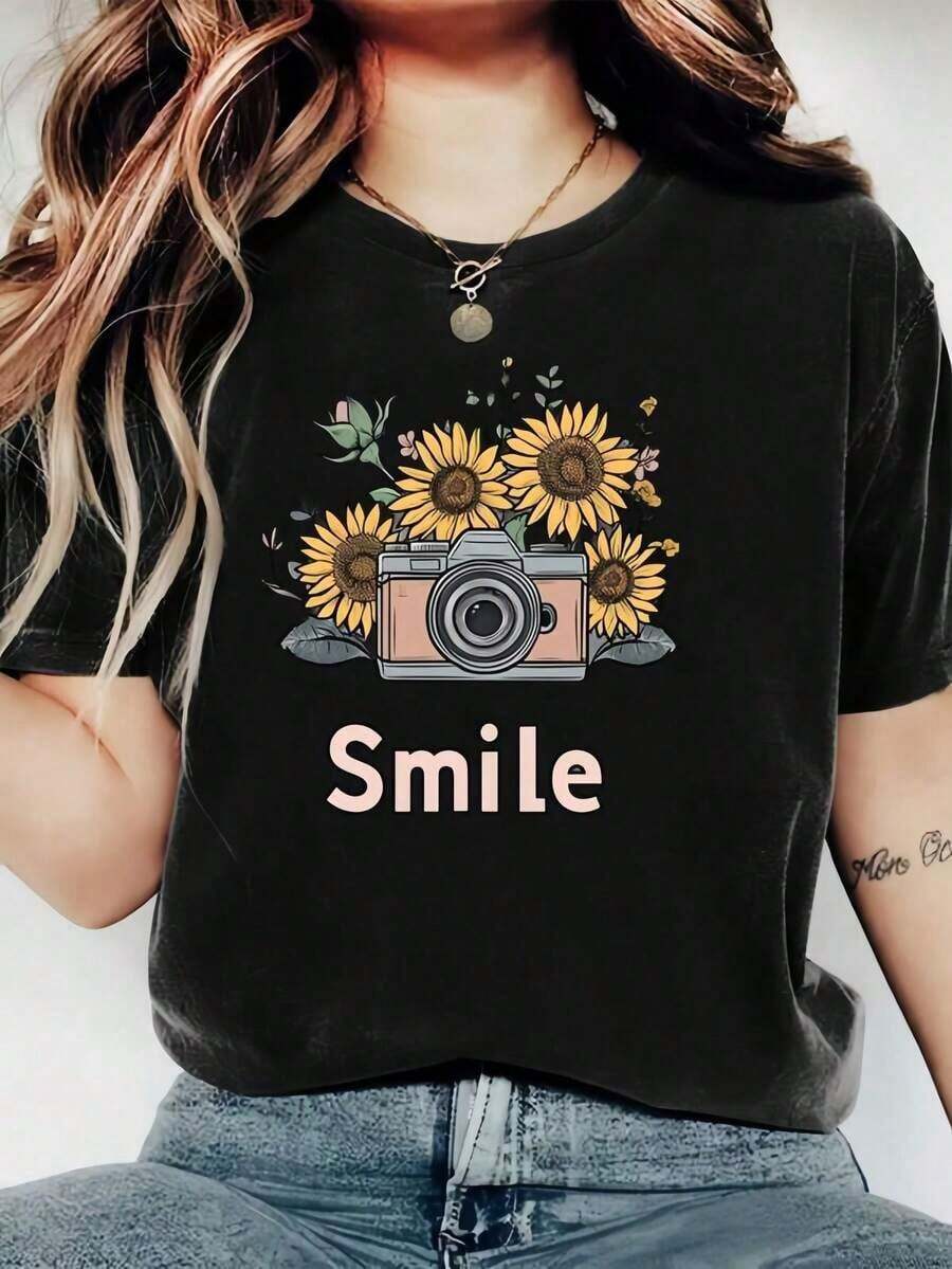 1 Piece, 180 G/M², Women's Fashionable Polyester Printed Round Neck T-Shirt - Casual Short Sleeve Round Neck Blouse - Lightweight And Breathable For Your Wardrobe. This Round Neck Printed Short Sleeve Casual Everyday T-Shirt Makes An Excellent Gift For Friends And Family. It Features A Youthful And Fashionable Design. - 黑色 - 查看 1