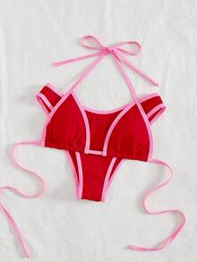 PEPPERMOLLY Bộ bikini hai mảnh màu đỏ và hồng ombre, kiểu buộc dây phía trước với áo ngực tích hợp dành cho nữ, thích hợp cho kỳ nghỉ biển. - Đỏ - Xem 4