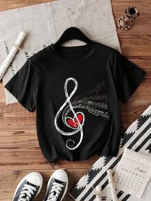 Camiseta de mujer con cuello redondo, estampado de notaciones musicales, arte de instrumentos y corazón, estilo vintage urbano, unisex, de algodón, manga corta, cuello redondo, blusas para mujer. blusas.blusas casuales para dama. - Negro - Ver 1