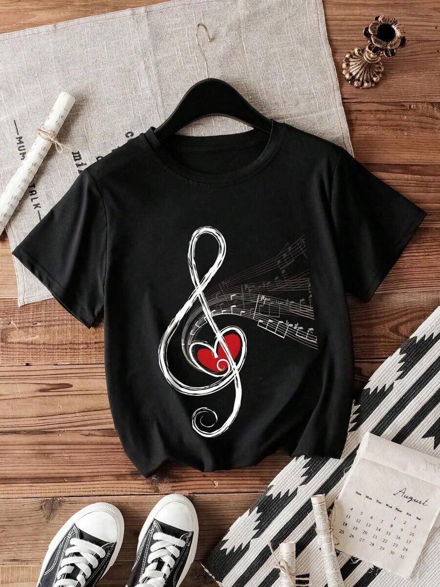 Camiseta de mujer con cuello redondo, estampado de notaciones musicales, arte de instrumentos y corazón, estilo vintage urbano, unisex, de algodón, manga corta, cuello redondo, blusas para mujer. blusas.blusas casuales para dama. - Negro - Ver 1