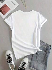 1 Piece Of Women's Casual T-Shirt With A Round Neck, Fox And Floral Print, Short Sleeves, Regular Length, All-Season Top, Casual Wear, Relaxed Fit, Non-See-Through Material, 180g 100% Cotton, Fully Printed Patterns. Unisex. Beautiful 100% Cotton Blouses - 白色的 - 查看 3