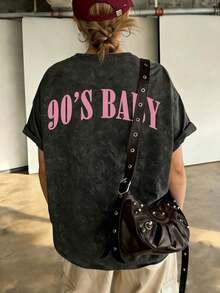 Nueva Llegada de Verano: Camiseta Casual de Manga Corta con Cuello Redondo y Estampado de Letras Rosadas de Estilo Americano Minimalista, Top Versátil y a la Moda para Mujer - Negro - Ver 10