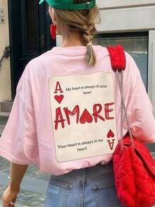 1 Women's Summer T-Shirt, Loose Fit, Round Neck, Short Sleeve, With A "Queen Of Hearts" Print In Wine Red. Suitable For The Office, Going Out, Everyday Wear, Dates, Parties, Meetings, And Casual Street Style In Pink. - 糖果粉 2 - 查看 6