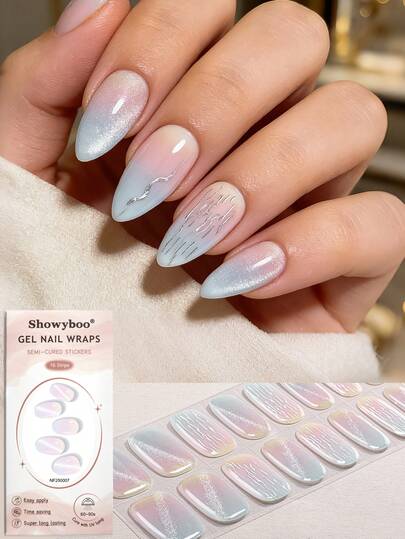 16pcs Elegant Gradient Pink-White-Blue Aurora Cat Eye Gel Nail Stickers, Dreamy Cat Eye Design With Metallic Flowing Lines, Glossy & Durable, Essential For Spring/Summer, Suitable For Daily, Party, Photo Shoot, Romantic Occasions, Easy To Create Refined Fingertips, Great Gift For Girls