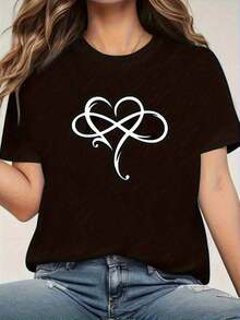 Camiseta negra de cuello redondo para mujer |     Camiseta de Mujer con Símbolo de Infinito y Corazón, Estilo Casual, Mangas Cortas, Lavable a Máquina, Ideal para el Día de San Valentín, Fiestas y Salidas Informales - Negro - Ver 7