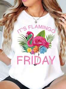 New Arrivals For Summer. Women's Round Neck T-Shirt With Flamingo Print, "It's Flamingo Friday" Graphic Tee, Casual Summer Blouse, Shirt > Beautiful. - 白色 - 查看 6
