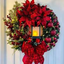 Christmas Wreath With Red Berries, Ornaments & Bow - Large UV Resistant Holiday Wreath For Front Door, Indoor & Outdoor Wall Decor - 45 cm - Xem 2