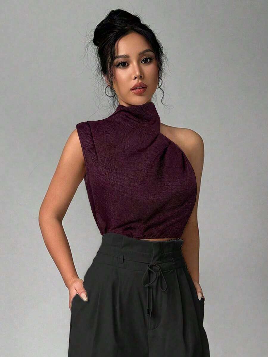 Blusa sin mangas de cuello alto de lino para mujer, blusa para ir al trabajo, camisa sin mangas asimétrica, adecuada para ir al trabajo, elegante, vacaciones, playa, estilo bohemio, Hawái, Día del Maestro, festival de música - Burdeos - Ver 1