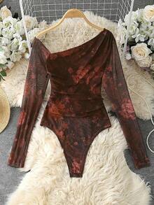 Body de manga larga con hombros transparentes y estampado de leopardo para mujer - Marrón - Ver 7