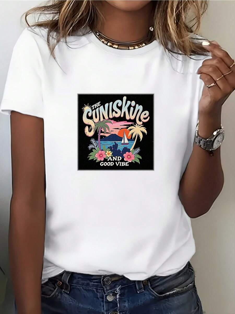 Camiseta de cuello redondo Sunshine Mood 180G - Perfecta para vacaciones en familia, fiestas de oficina y barbacoas de verano - Un divertido regalo de camiseta estampada para él o ella Blusas Para Mujer Casual - Blanco - Ver 1