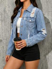 Blue Casual Distressed Fringe Denim Jacket, Short Denim Jacket Streetwear Style, Y2K Aesthetic For Teenagers And Young Adults, Fashionable And Cool For Women, Suitable For Spring, Summer, Autumn, Country Style, Music Festivals, Vacations, Commuting And Casual Daily Wear - Medium Wash - View 2